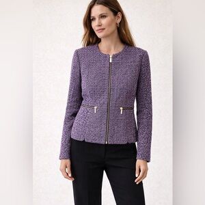 Donna Karan Purple Bouclé Tweed Zip Jacket Size 8